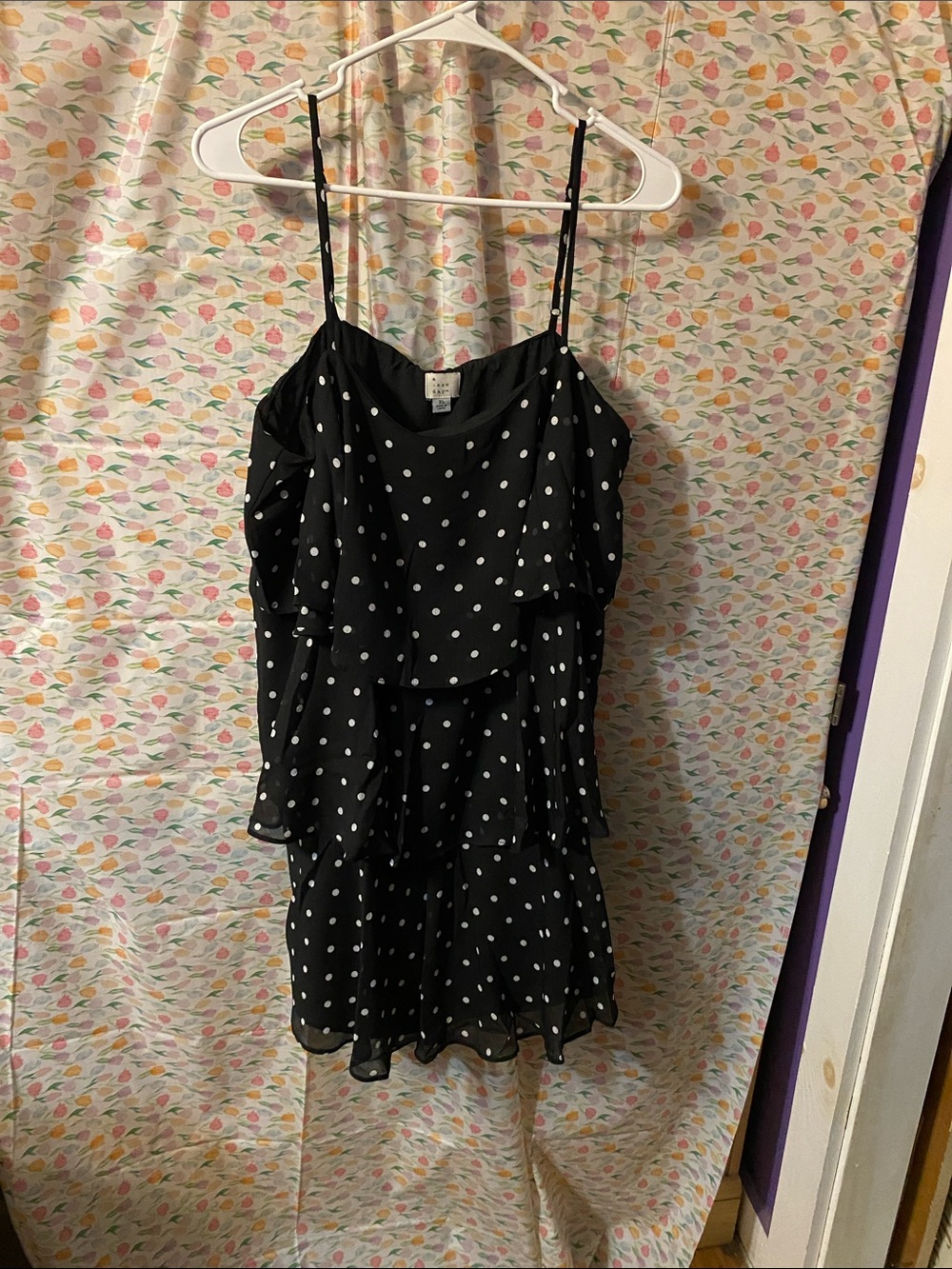 Black Polka Dot Tiered Ruffled Spaghetti Strap Mini Dress